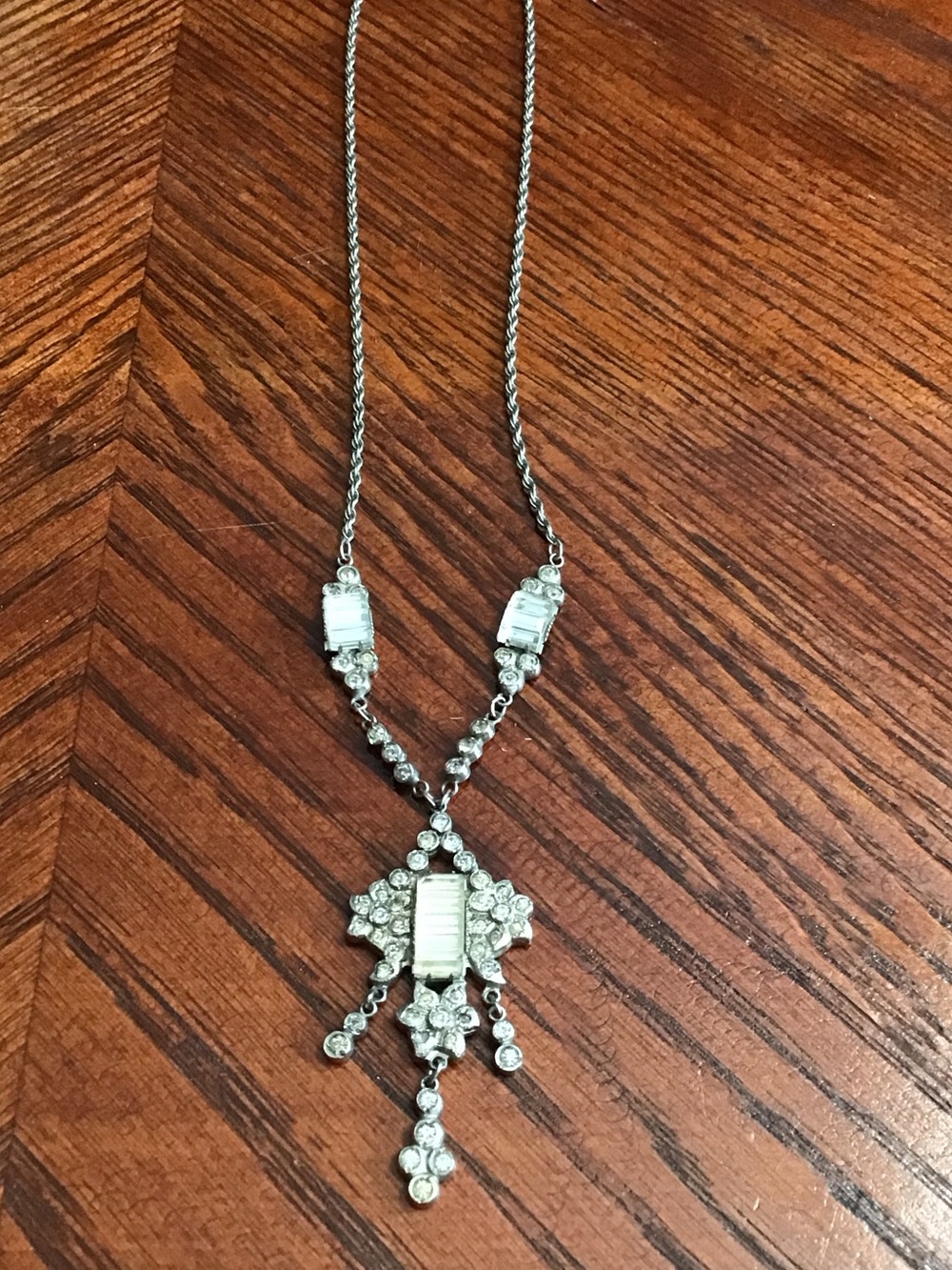 Estate Art Deco Silver Tone  Crystal Drop Necklace with Clear Stones